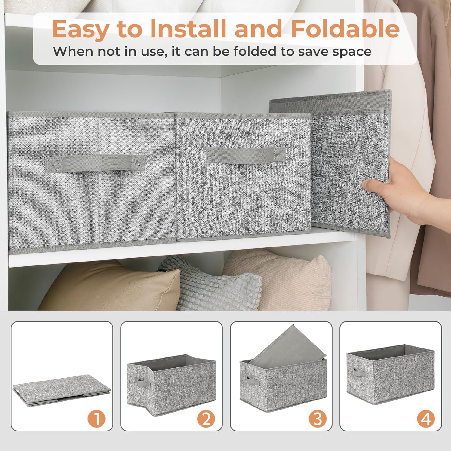 Closet Storage Bins, Storage Baskets for Closet, Fabric Bins for Clothes, Closet Organizer Bins, Gray, Medium, 3-Pack