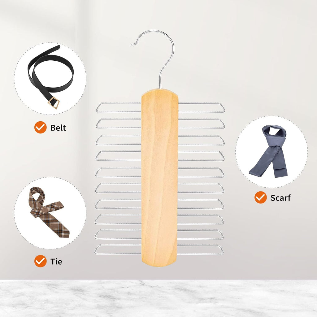 20 Bar Wooden Tie Hanger & Belt Rack, Closet Organizer, Natural, 2-Pack