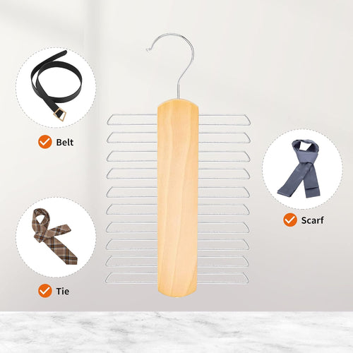 20 Bar Wooden Tie Hanger & Belt Rack, Closet Organizer, Natural, 2-Pack