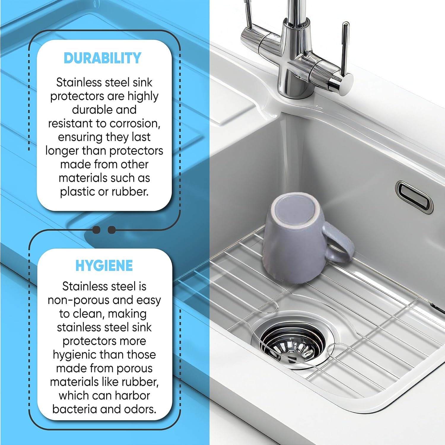 Sink Protectors for Kitchen Sink, Rust-Resistant Scratch-Preventing Stainless Steel Sink Protector Grid, Non-Slip Kitchen Sink Rack for Washing, 23 X 14.4 X 1 Inch