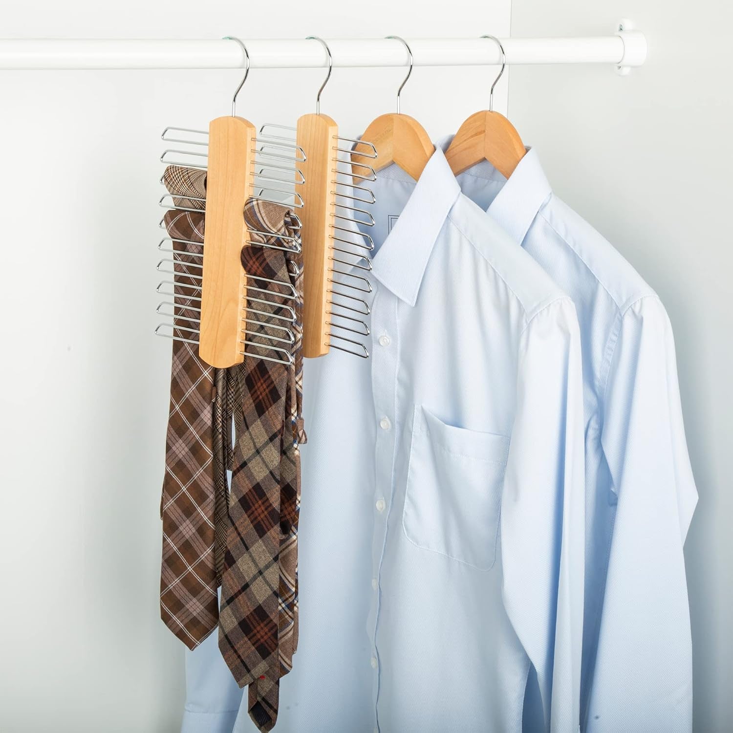 20 Bar Wooden Tie Hanger & Belt Rack, Closet Organizer, Natural, 2-Pack
