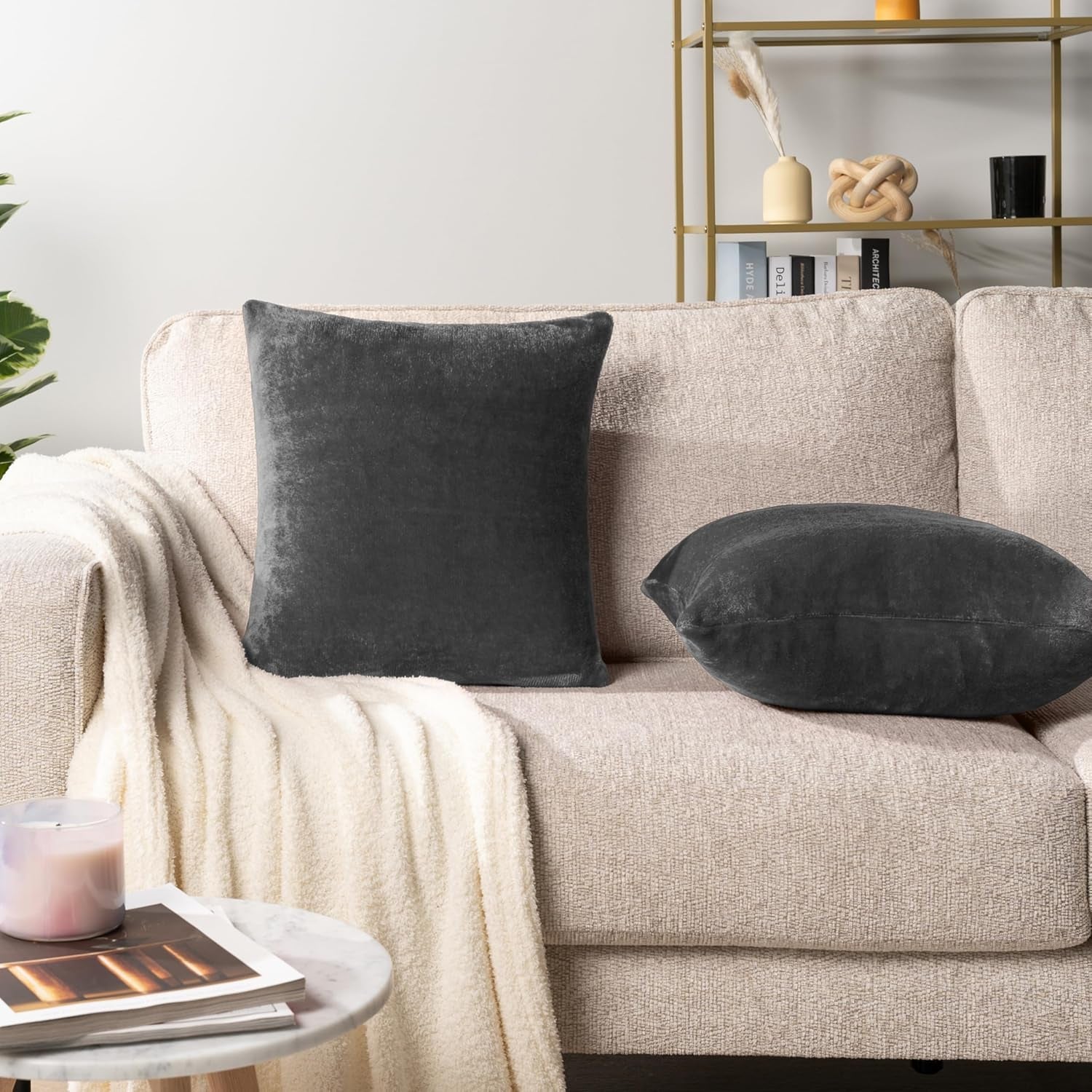 Dark Gray Velvet Fleece Throw Pillow Covers 18X18 Set of 2, Soft Decorative Cushion Covers for Couch Sofa Bed, Square Accent Pillow Cases with Hidden Zipper