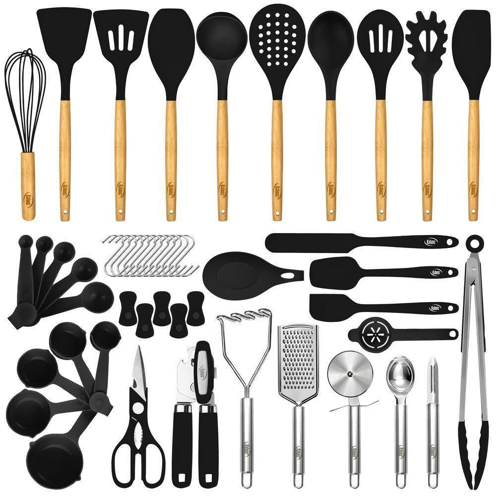 Black, 50-Piece Set of Silicone Kitchen Utensils, Complete Kitchen Set, Premium Silicone Cooking Utensils