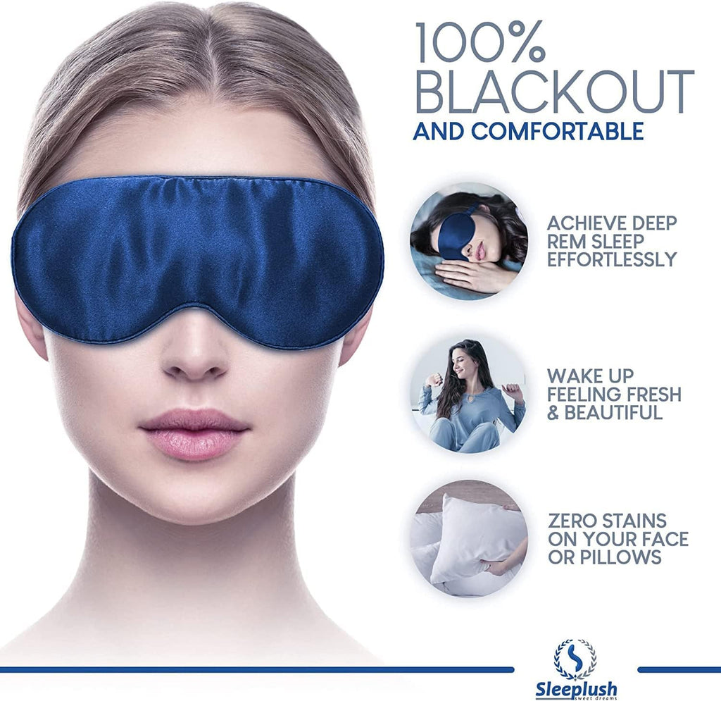 SLEEPLUSH Mulberry Silk Sleep Mask – Smooth Eye Mask for Sleeping with Silk Covered Straps – Best Travel Sleeping Mask Comes with Ear Plugs and Pocket Bag (Blue (Pack of 3))