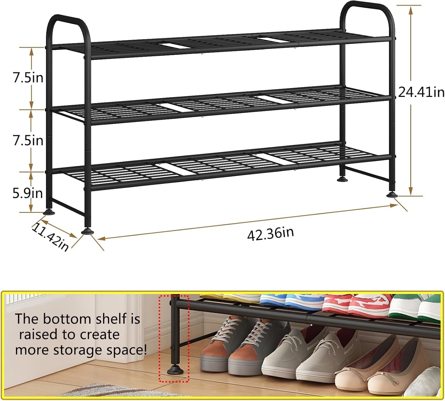 Shoe Rack Long 3 Tier Metal Shoe Organizer Metal Wide Shoe Shelf for Closet Entryway Bedroom Large Capacity Black