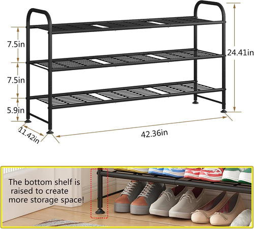 Shoe Rack Long 3 Tier Metal Shoe Organizer Metal Wide Shoe Shelf for Closet Entryway Bedroom Large Capacity Black