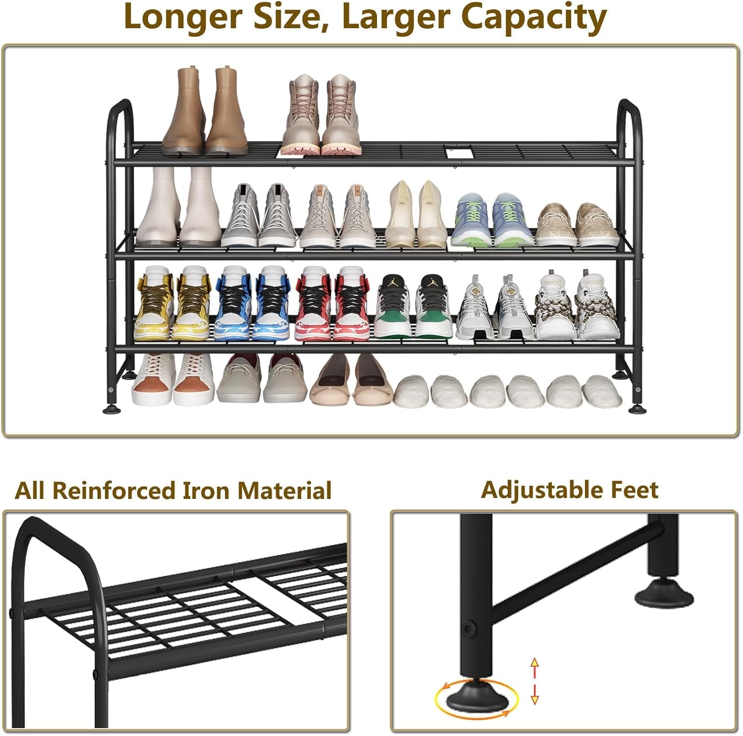 Shoe Rack Long 3 Tier Metal Shoe Organizer Metal Wide Shoe Shelf for Closet Entryway Bedroom Large Capacity Black
