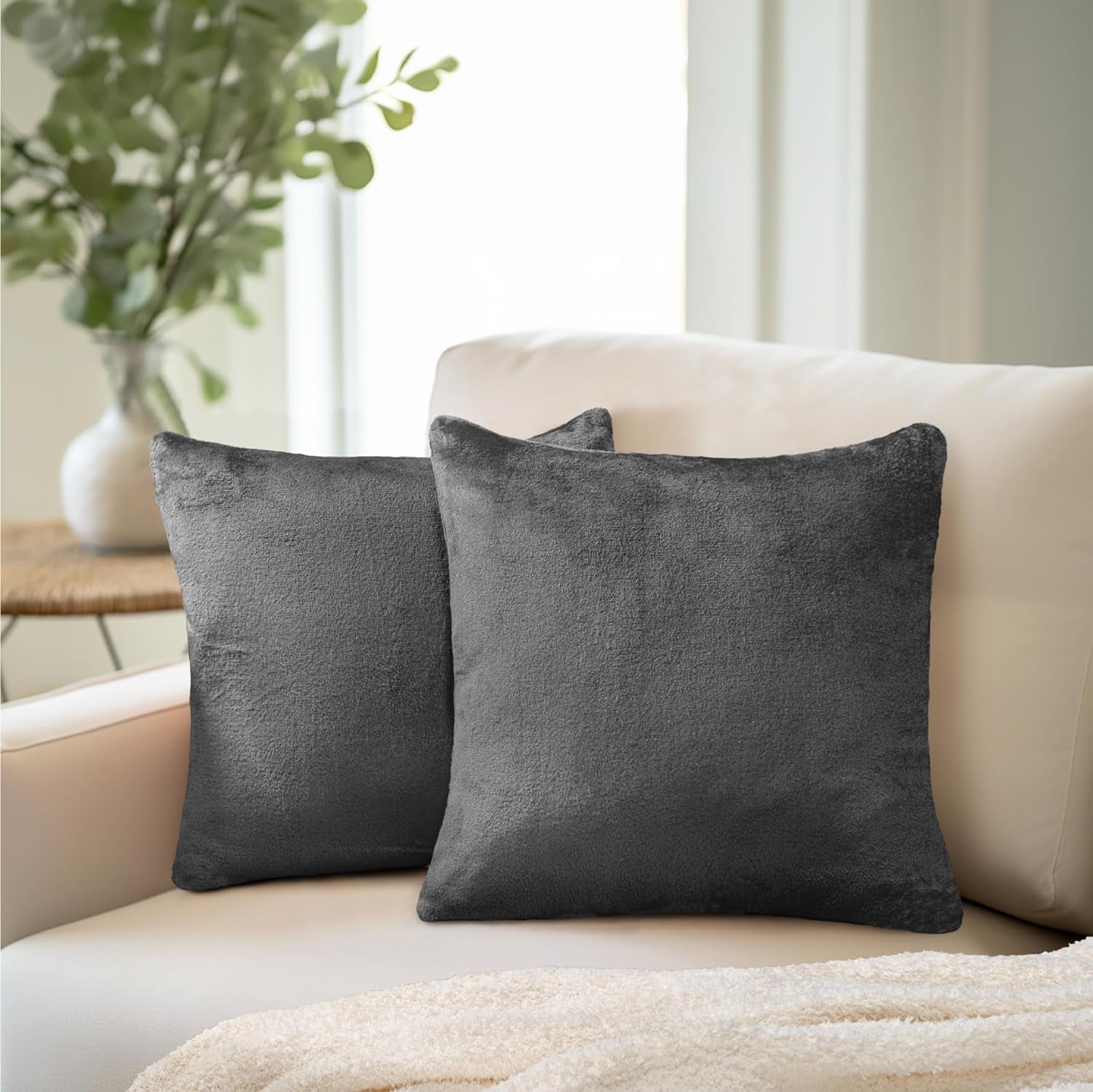 Dark Gray Velvet Fleece Throw Pillow Covers 18X18 Set of 2, Soft Decorative Cushion Covers for Couch Sofa Bed, Square Accent Pillow Cases with Hidden Zipper