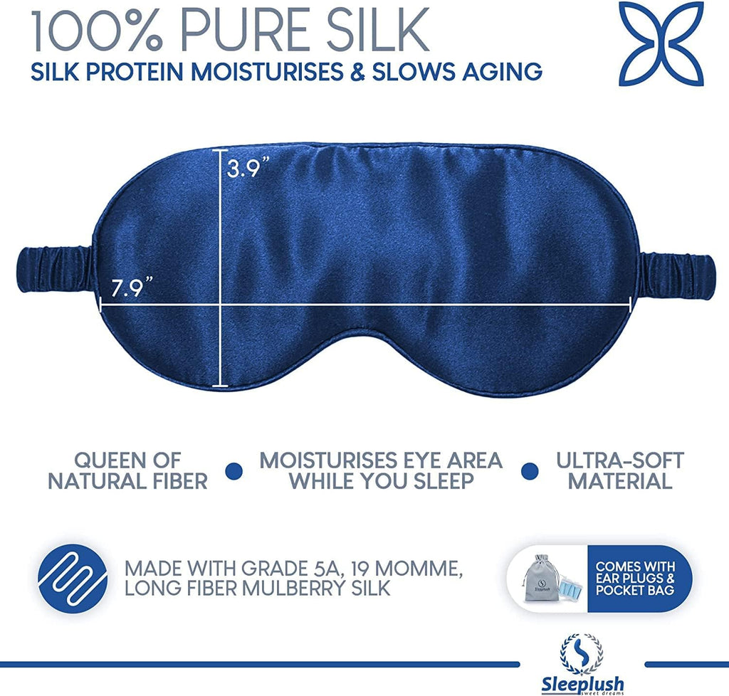 SLEEPLUSH Mulberry Silk Sleep Mask – Smooth Eye Mask for Sleeping with Silk Covered Straps – Best Travel Sleeping Mask Comes with Ear Plugs and Pocket Bag (Blue (Pack of 3))