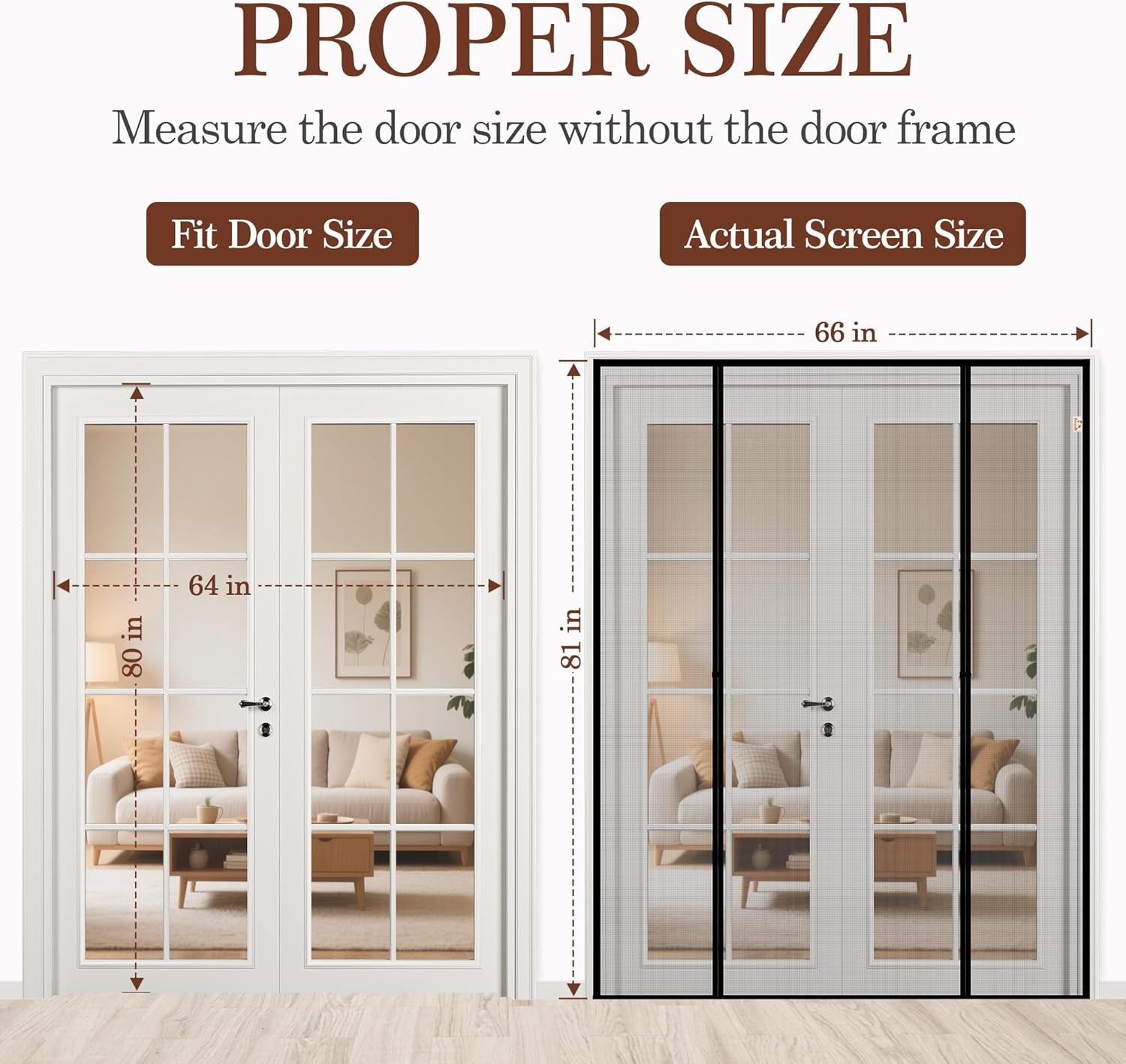 Magnetic Screen Door for Sliding & French Doors 64"X80", Screen Size 66"X81" Reinforced Mesh with Strong Magnets for Double Door & Large Size Front/Back Patio Doors