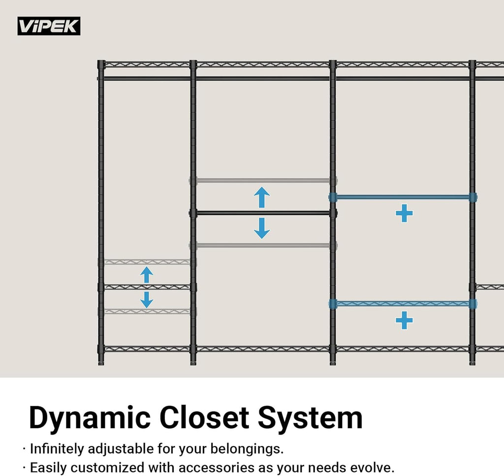 V5 Heavy Duty Clothes Rack, Portable Closet Wardrobe with 4 Hanging Rods & 8 Shelves, Freestanding Adjustable Garment Rack for Bedroom, Walk-In Closet, 890 Lbs Capacity, Black, 68.9" L