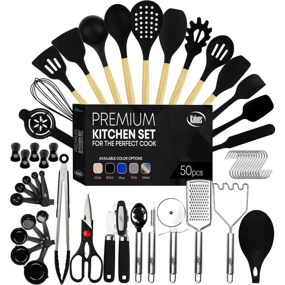 Black, 50-Piece Set of Silicone Kitchen Utensils, Complete Kitchen Set, Premium Silicone Cooking Utensils