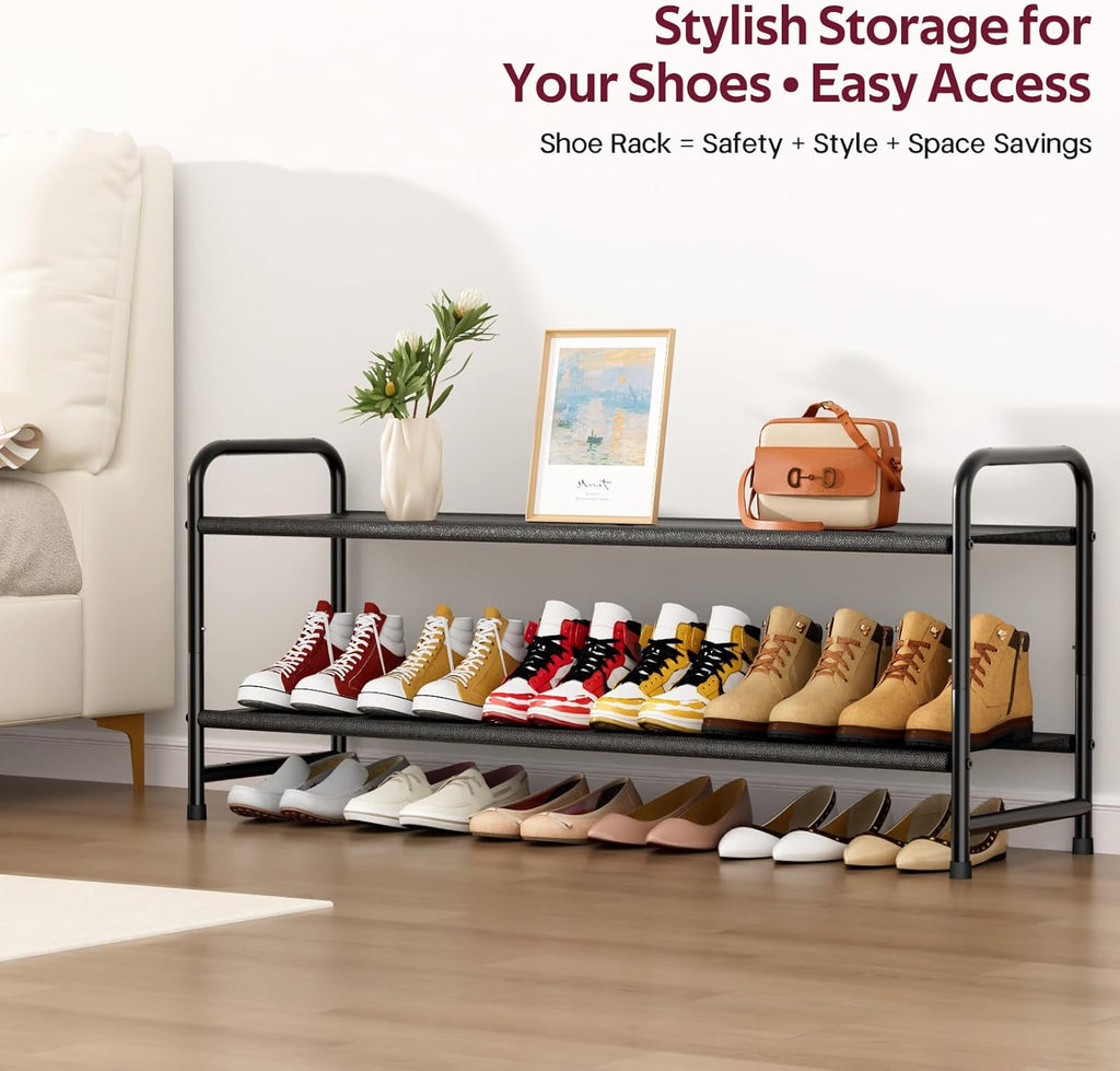 Long 2-Tier Shoe Organizer for Closet, Stackable Wide Shoe Rack Holds 18-Pairs Low Shoe Shelf Storage for Bedroom, Floor, Entryway(Black)