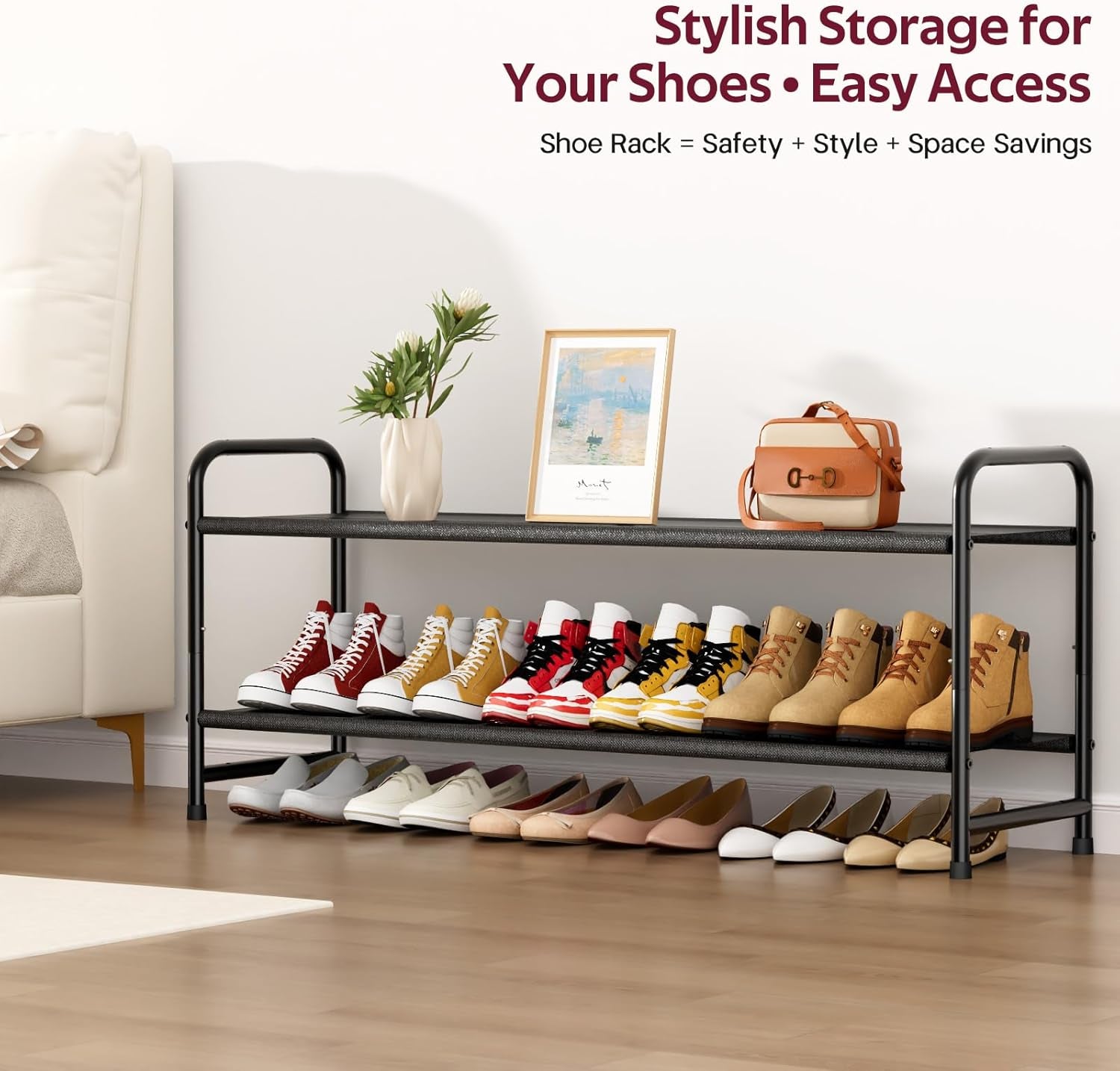 Long 2-Tier Shoe Organizer for Closet, Stackable Wide Shoe Rack Holds 18-Pairs Low Shoe Shelf Storage for Bedroom, Floor, Entryway(Black)
