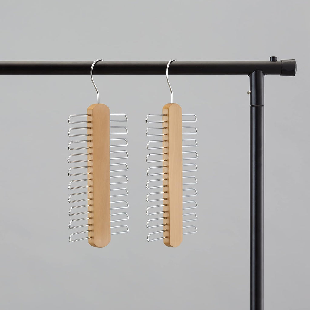 20 Bar Wooden Tie Hanger & Belt Rack, Closet Organizer, Natural, 2-Pack