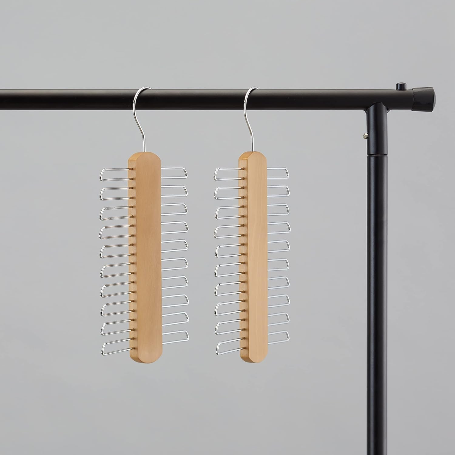 20 Bar Wooden Tie Hanger & Belt Rack, Closet Organizer, Natural, 2-Pack