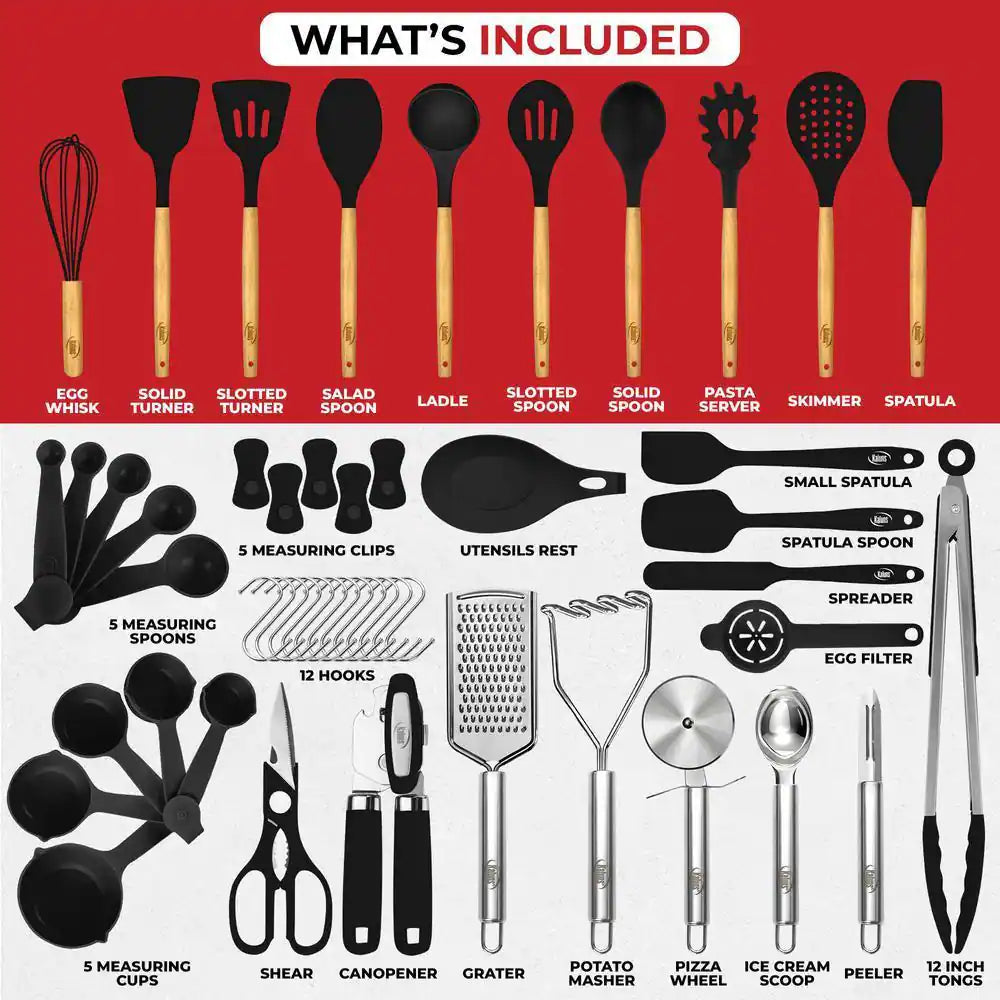 Black, 50-Piece Set of Silicone Kitchen Utensils, Complete Kitchen Set, Premium Silicone Cooking Utensils