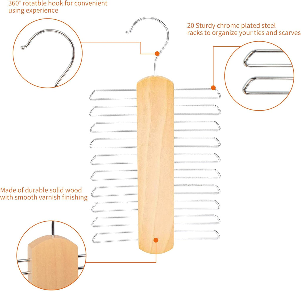 20 Bar Wooden Tie Hanger & Belt Rack, Closet Organizer, Natural, 2-Pack