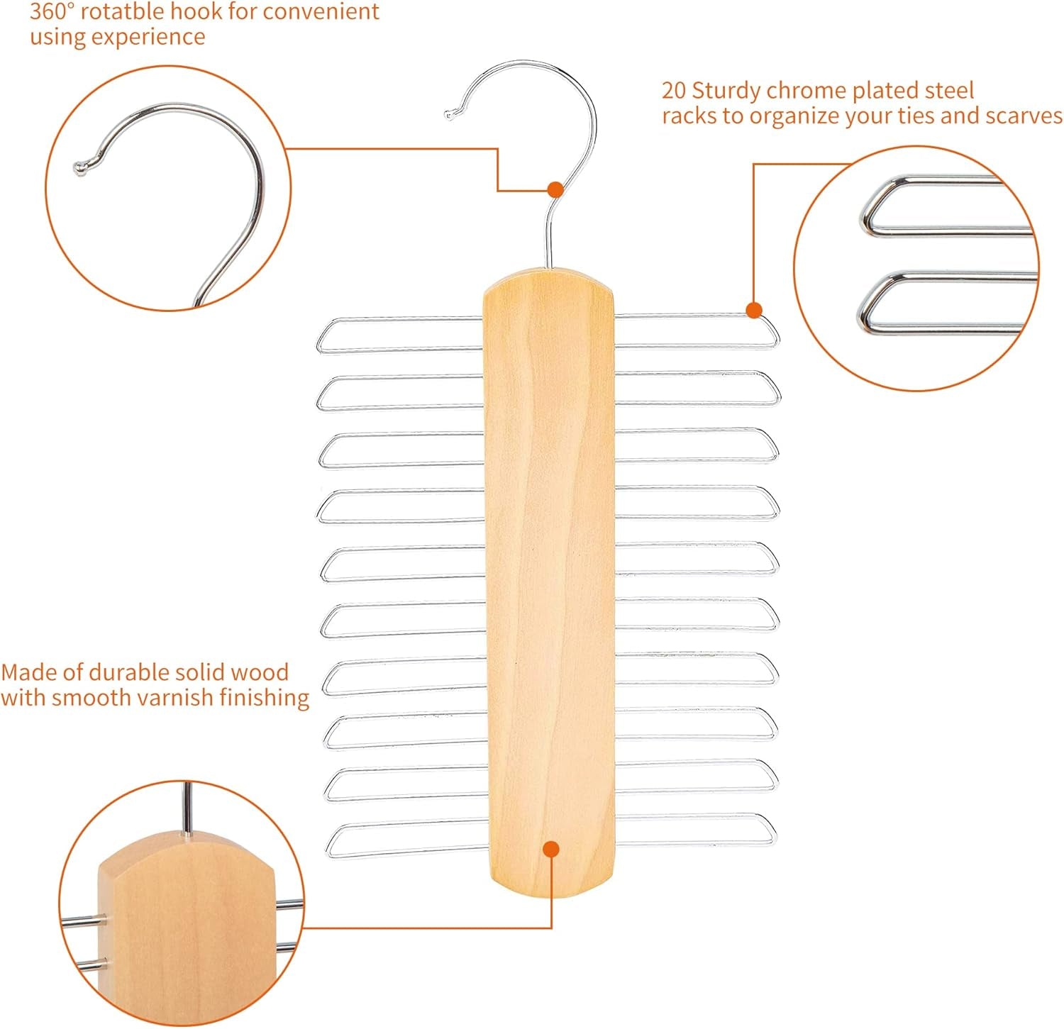 20 Bar Wooden Tie Hanger & Belt Rack, Closet Organizer, Natural, 2-Pack