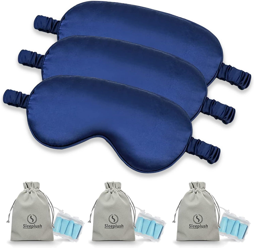 SLEEPLUSH Mulberry Silk Sleep Mask – Smooth Eye Mask for Sleeping with Silk Covered Straps – Best Travel Sleeping Mask Comes with Ear Plugs and Pocket Bag (Blue (Pack of 3))