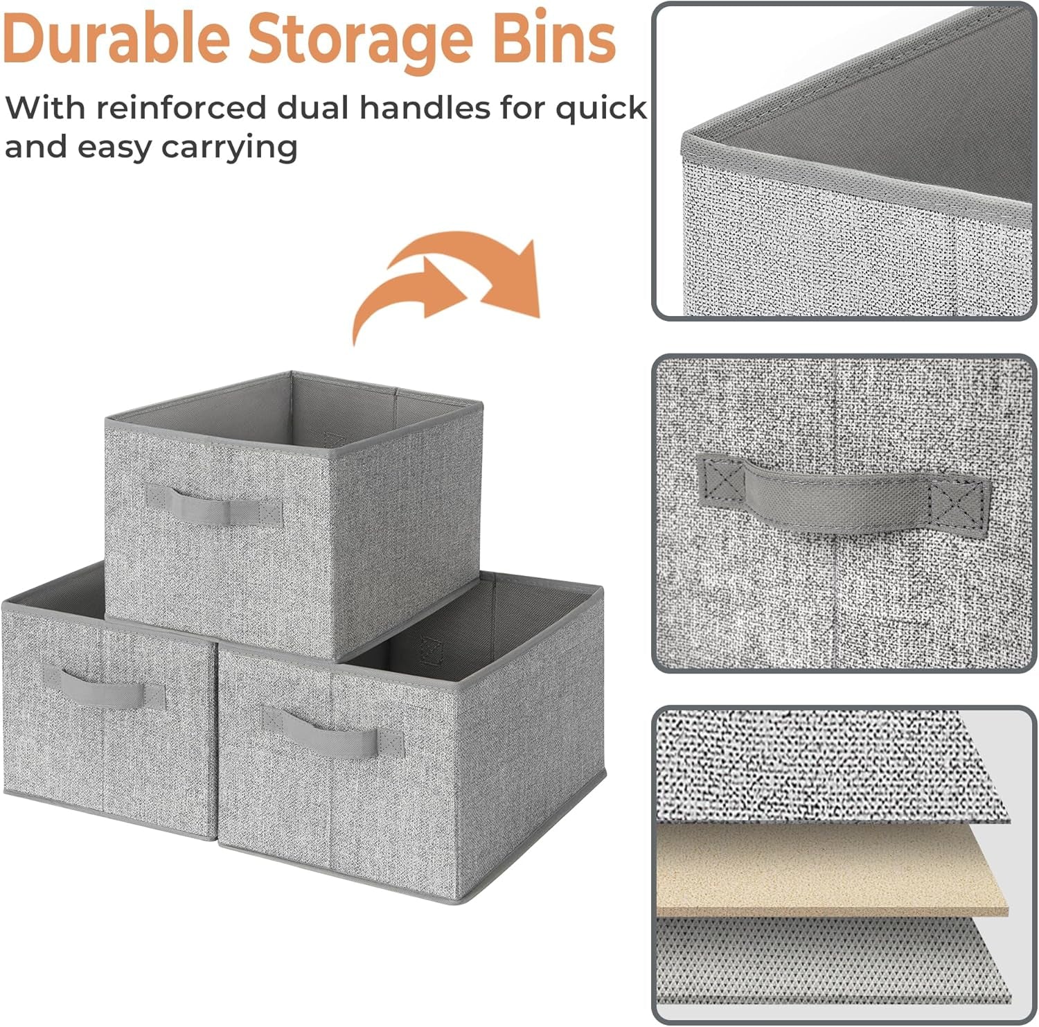 Closet Storage Bins, Storage Baskets for Closet, Fabric Bins for Clothes, Closet Organizer Bins, Gray, Medium, 3-Pack
