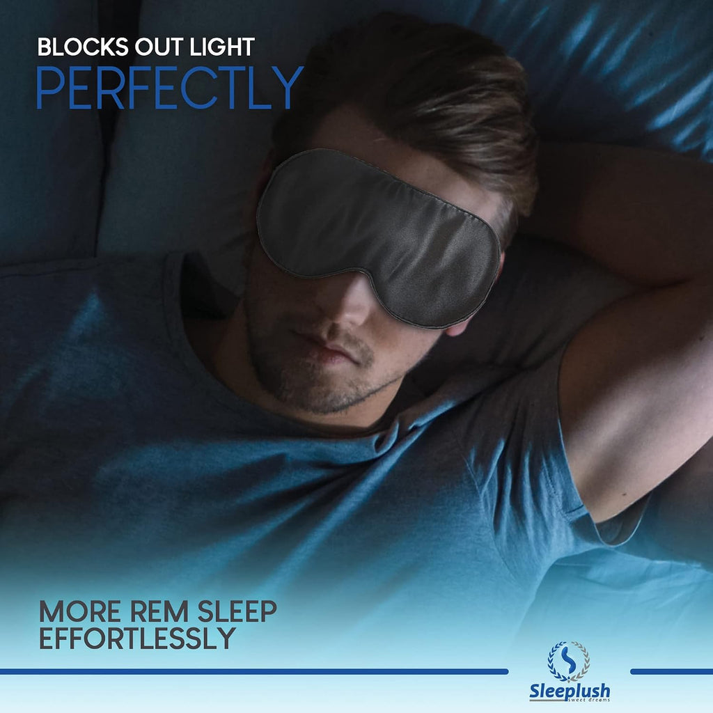 SLEEPLUSH Mulberry Silk Sleep Mask – Smooth Eye Mask for Sleeping with Silk Covered Straps – Best Travel Sleeping Mask Comes with Ear Plugs and Pocket Bag (Blue (Pack of 3))