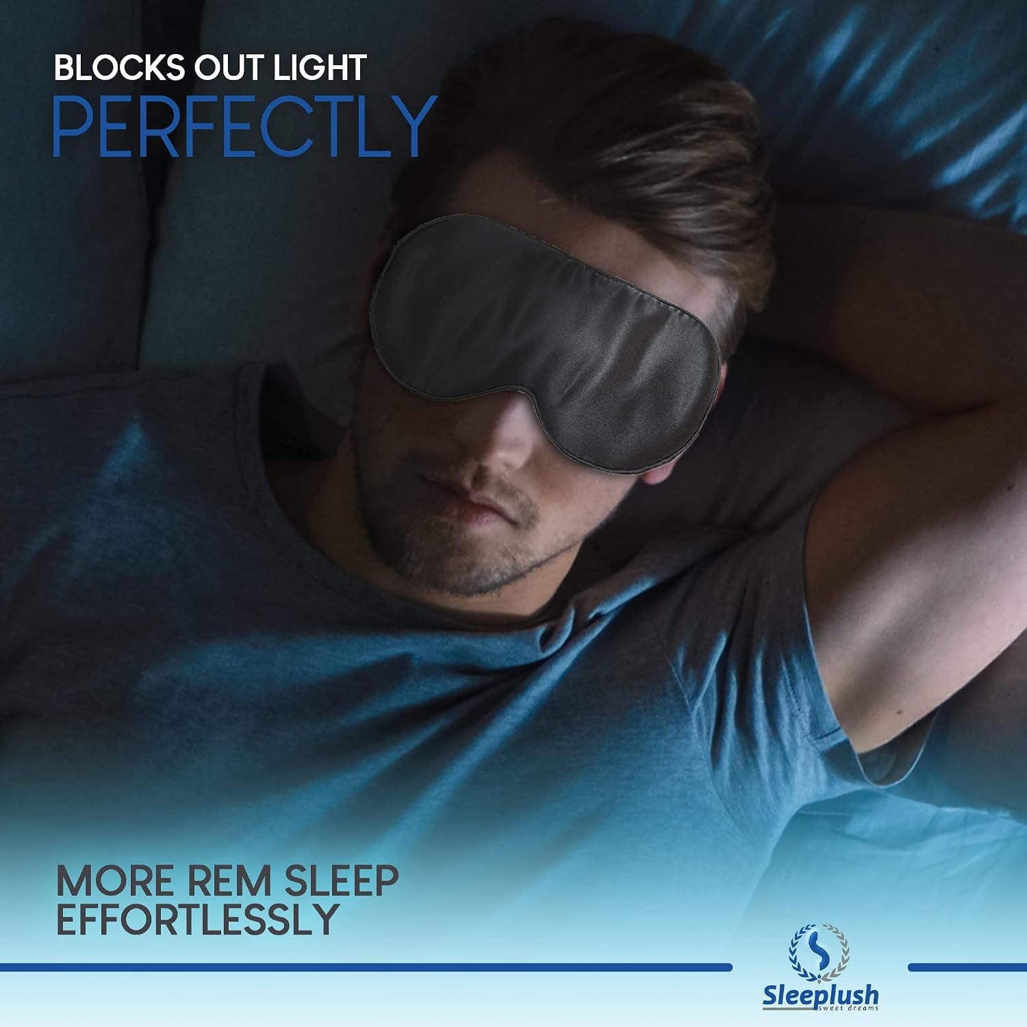 SLEEPLUSH Mulberry Silk Sleep Mask – Smooth Eye Mask for Sleeping with Silk Covered Straps – Best Travel Sleeping Mask Comes with Ear Plugs and Pocket Bag (Blue (Pack of 3))