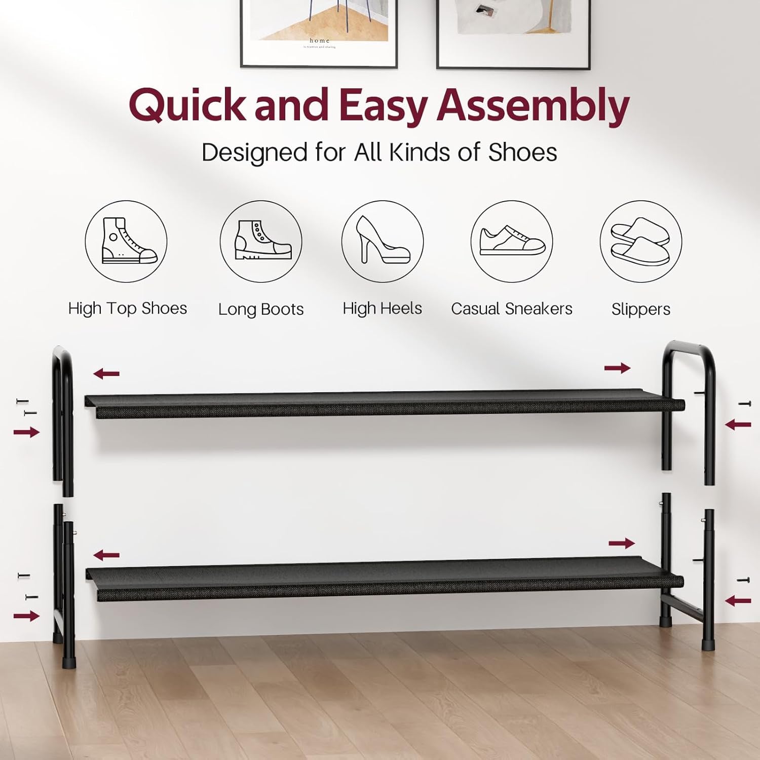 Long 2-Tier Shoe Organizer for Closet, Stackable Wide Shoe Rack Holds 18-Pairs Low Shoe Shelf Storage for Bedroom, Floor, Entryway(Black)