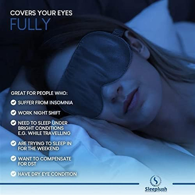 SLEEPLUSH Mulberry Silk Sleep Mask – Smooth Eye Mask for Sleeping with Silk Covered Straps – Best Travel Sleeping Mask Comes with Ear Plugs and Pocket Bag (Blue (Pack of 3))
