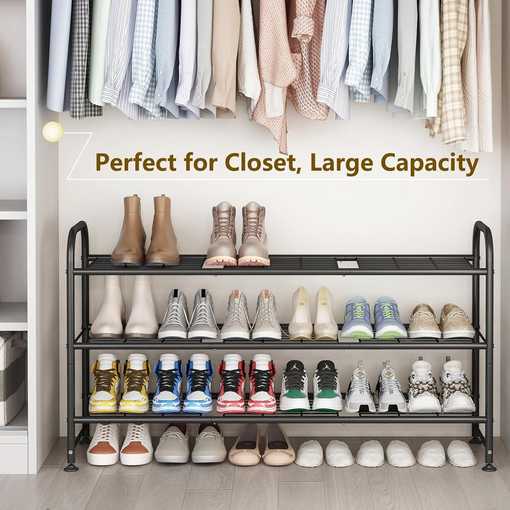 Shoe Rack Long 3 Tier Metal Shoe Organizer Metal Wide Shoe Shelf for Closet Entryway Bedroom Large Capacity Black