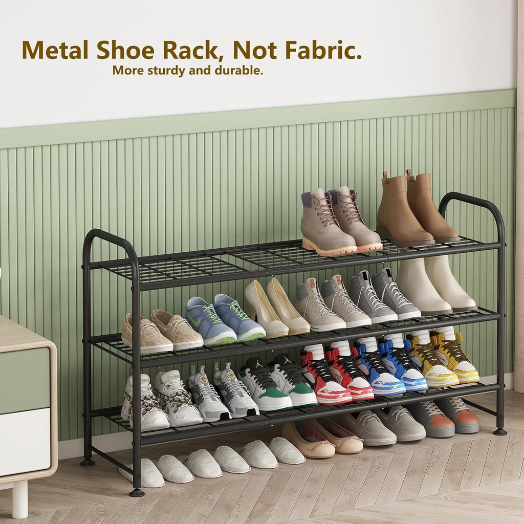 Shoe Rack Long 3 Tier Metal Shoe Organizer Metal Wide Shoe Shelf for Closet Entryway Bedroom Large Capacity Black